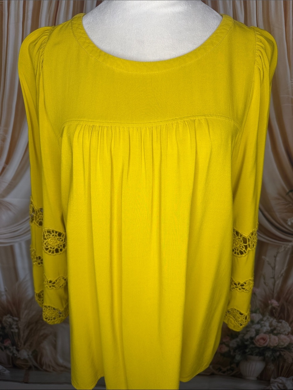 LOFT Bright Yellow Crochet-Sleeve Peasant Top